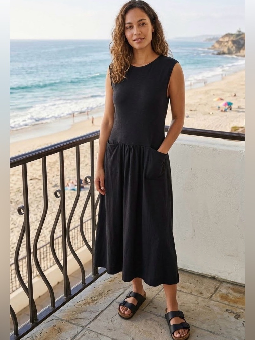 FREE PEOPLE FP BEACH Knit Sleeveless Midi Dress Drop Waist Pockets Black XS